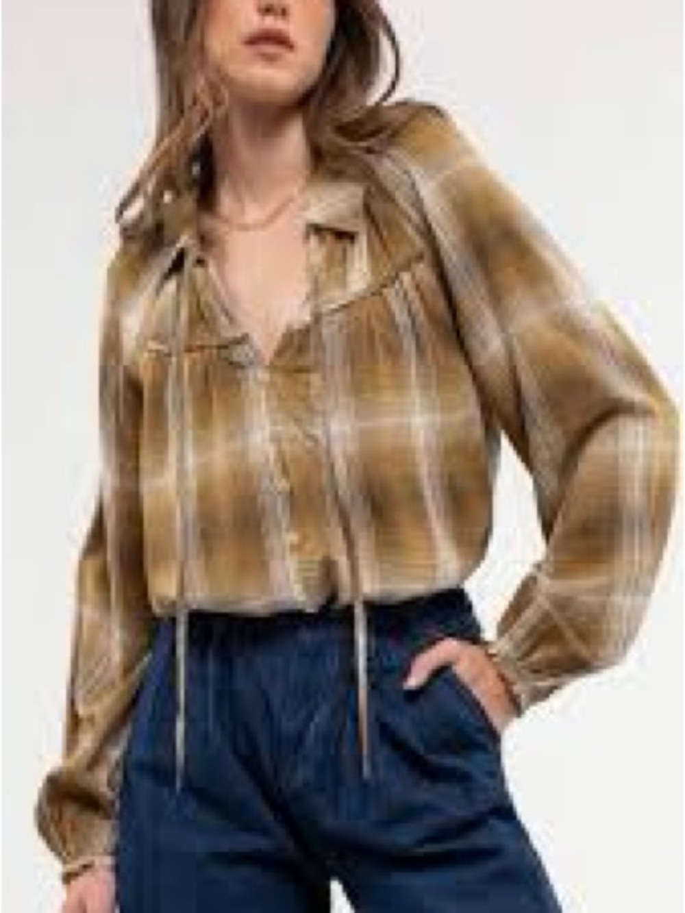 Blu Pepper NWT Mustard Plaid Tie Neck Blouse Size S